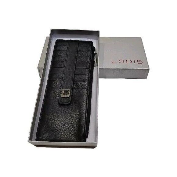 LODIS Slim 8 Credit Card Stacker Wallet Case w Zipper Pocket Black Leather NIB - Picture 1 of 6